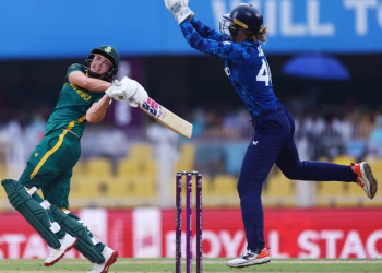 Laura Wolvaardt celebrates her century during the world cup semi-final thriller between England and South Africa.