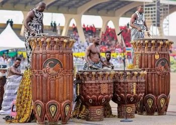 Drummers performing at Talking Drums Festival – a major event among drumming festivals in Africa.