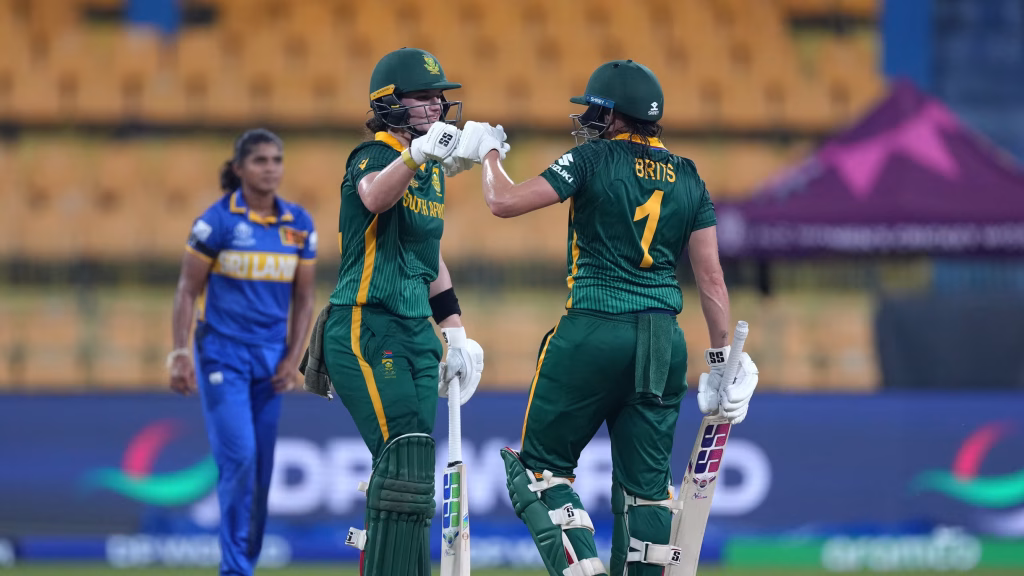 South Africa women’s cricket world cup team celebrating victory against Sri Lanka in ICC cricket world cup semi-final chase.