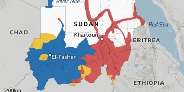 Sudan conflict map showing areas of RSF control, army-held regions, and humanitarian crisis zones, highlighting peace negotiations Sudan.