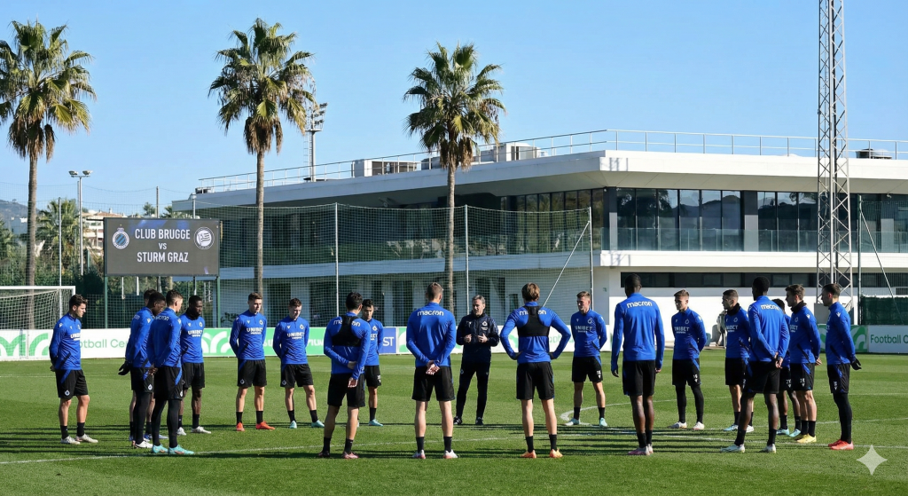 Coach Ivan Leko briefs the Club Brugge squad during their intensive winter training camp in Marbella, Spain, ahead of their 2026 season matches.