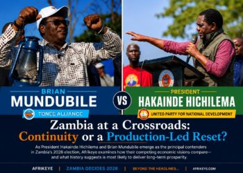 President Hakainde Hichilema and Brian Mundubile campaign ahead of Zambia's 2026 general election as Afrikeye analyses their competing economic visions.