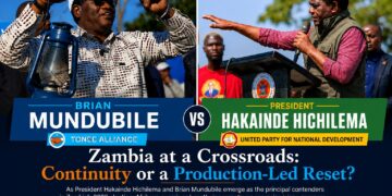 President Hakainde Hichilema and Brian Mundubile campaign ahead of Zambia's 2026 general election as Afrikeye analyses their competing economic visions.